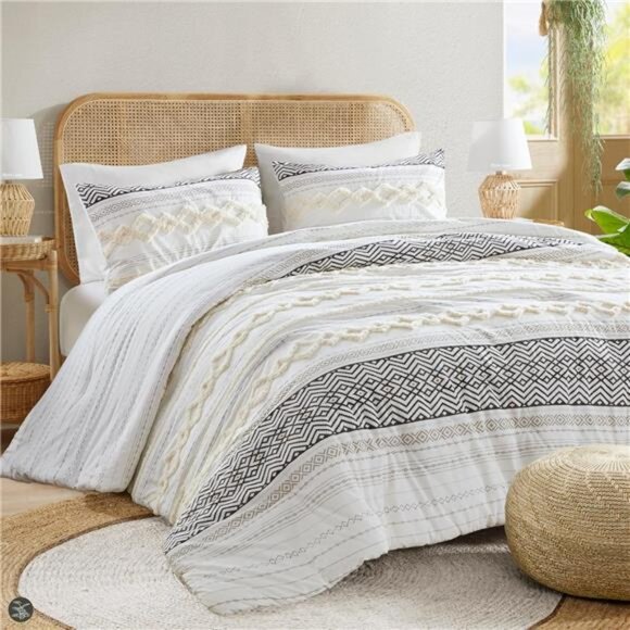 Farmhouse Bedding Comforter Sets, Ivory Full/Queen Size Boho Bed Set,Cotton - Picture 1 of 7